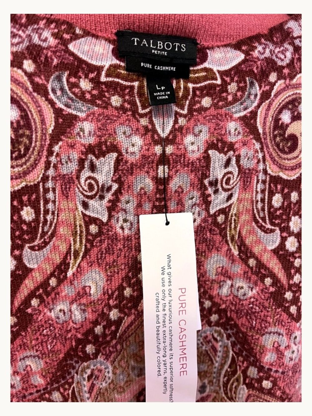 NWT Talbots Petite Pure Cashmere Paisley Sweater LP Burgundy Pink - Picture 5 of 6